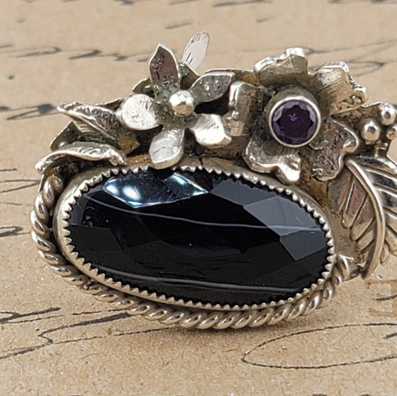OBSIDIAN & AMETHYST CRYSTAL GARDEN FLOWER RING HANDMADE W/ RECYCLED METAL SZ 7 - Picture 6 of 7